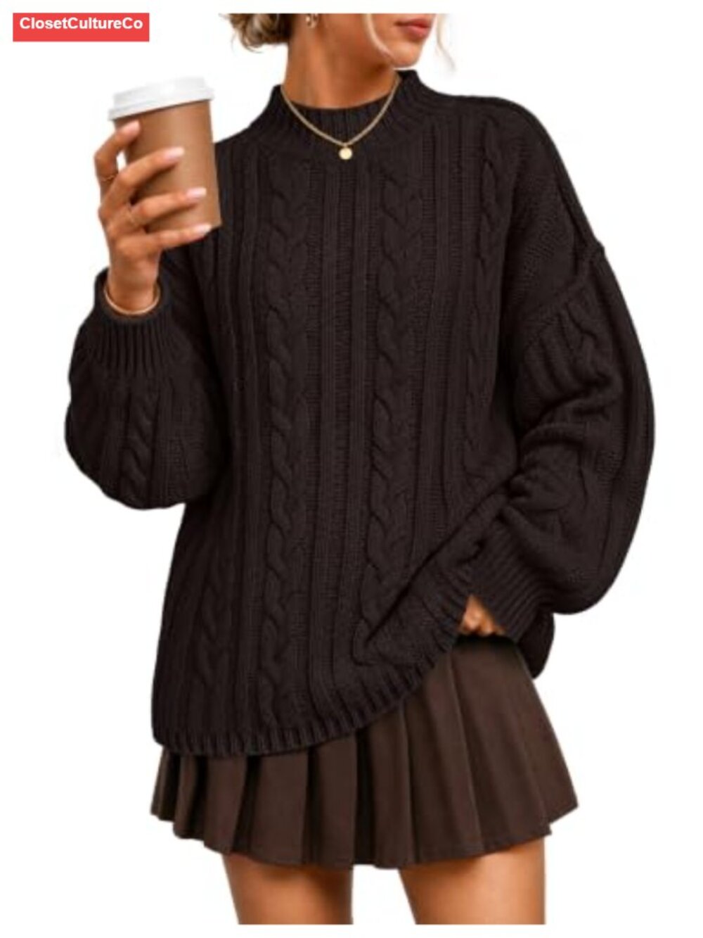 Oversized Mock Neck Cable Knit Pullover Sweater Drop Shoulder